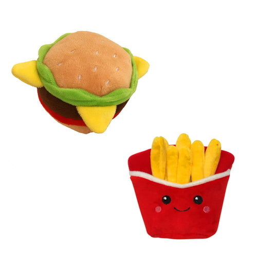 Picture of a burger and french fry plush dog toy