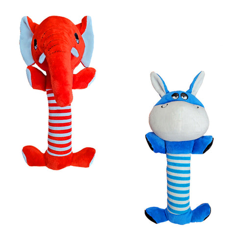Two dog plush toys. One red elephant and one blue donkey