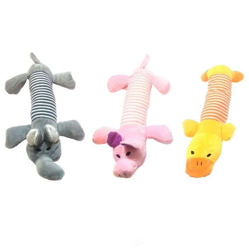 Three animal plush chew toys for dogs. One elephant, one pig, and one duck